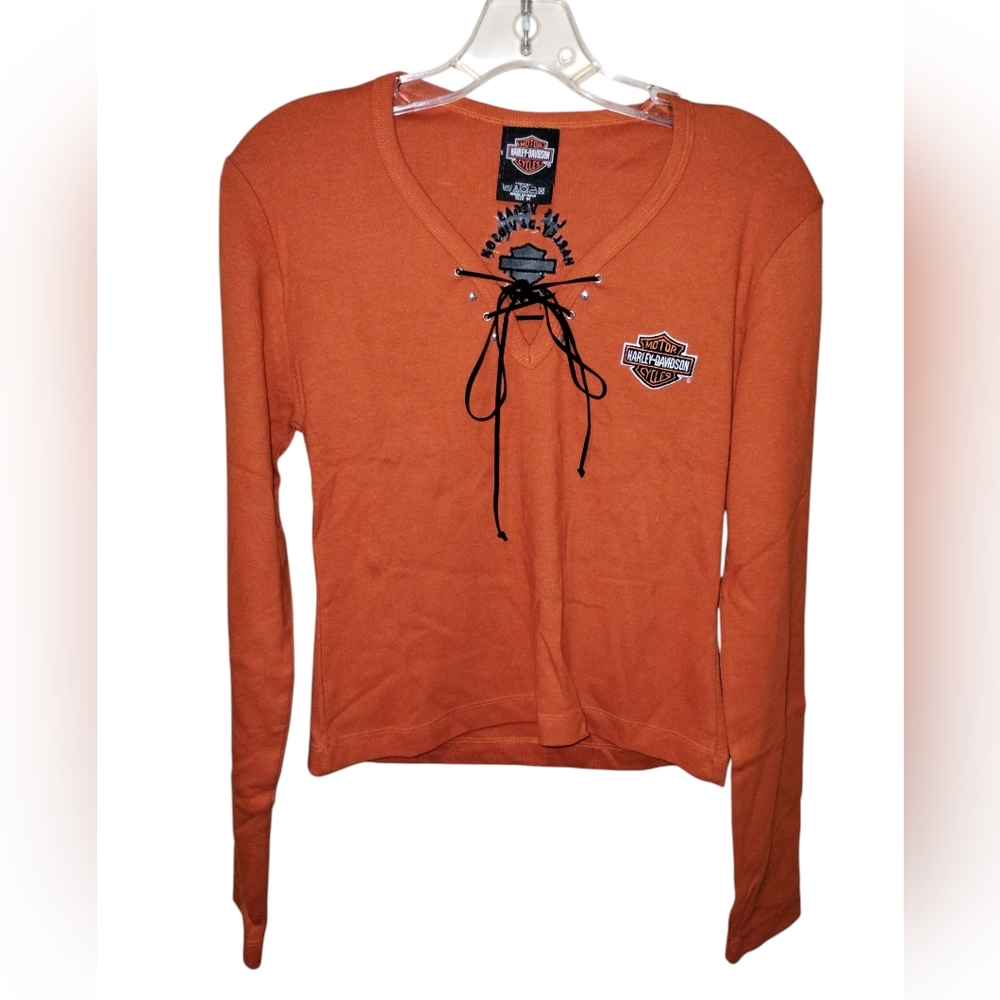 Vtg Y2K Harley-Davidson Las Vegas shirt M Grommet Tie V Neck Orange Nwot